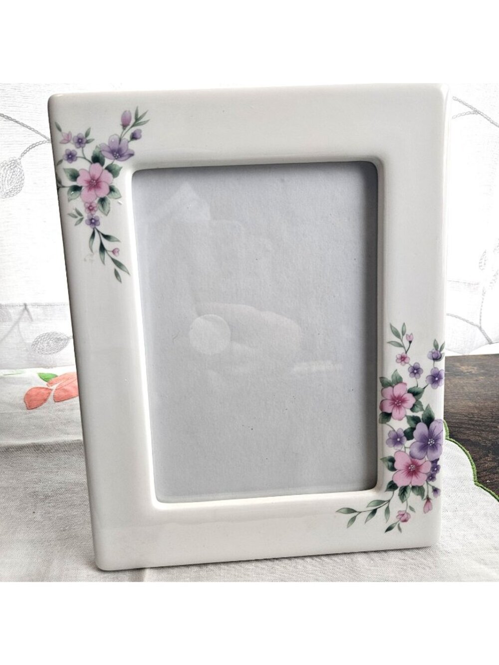 Vtg Ceramic Picture Frame Floral Cottagecore Photo Pink Lavender 5x7 photo